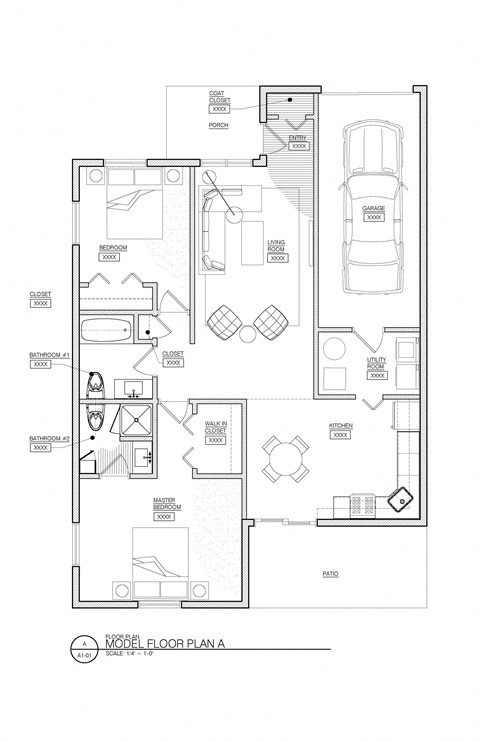 a floor plan of a house with a garage and a car